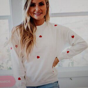 Reflex Sweatshirt White with Embroidered Red Hearts Size M